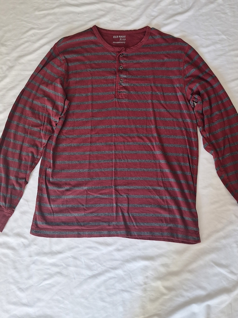 Old Navy Men's Burgundy and Gray Striped Henley Long-Sleeve Shirt